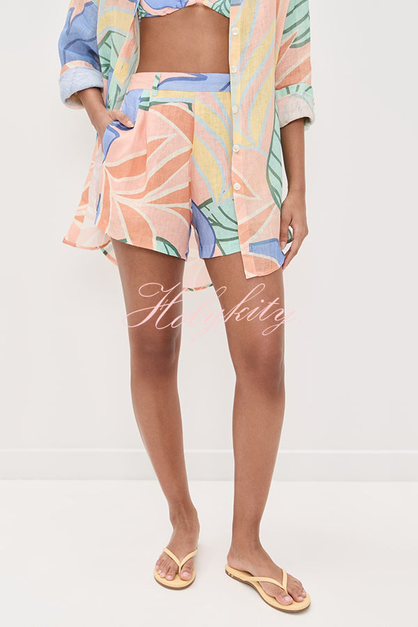 Bella Linen Blend Colorful Unique Print Long Sleeve Blouse and Elastic Waist Pocket Loose Shorts Set