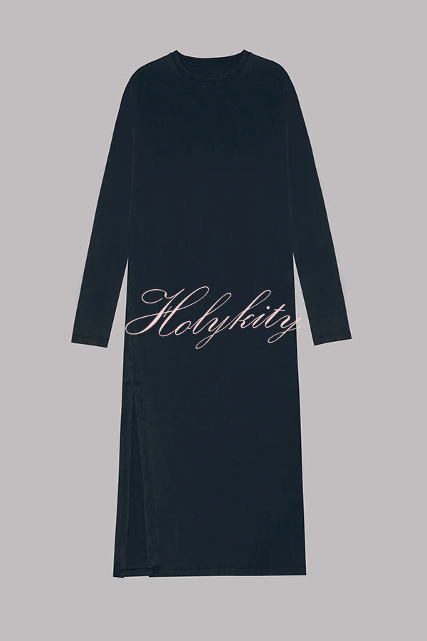 The Bedisse Cotton Blend Long Sleeve Relaxed Slit Midi Dress