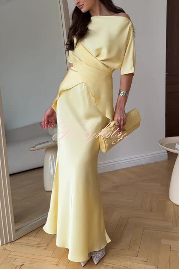 Secret of Elegance Satin Slit Back Lace-up Top and Elastic Waist Flare Maxi Skirt Set