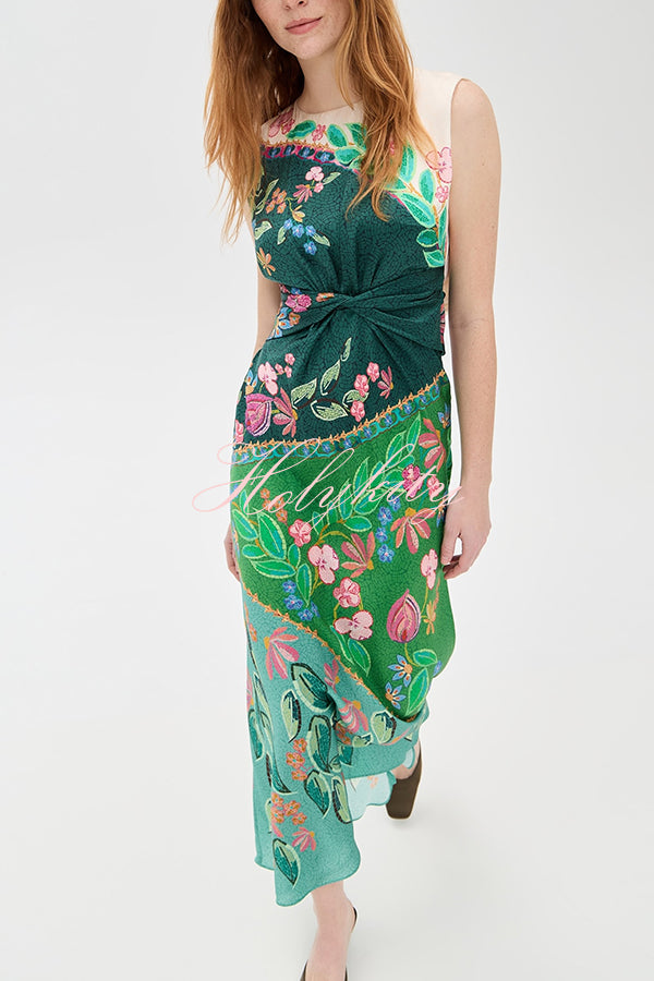 Gwen Satin Unique Print Round Neck Twisted Waist Maxi Dress