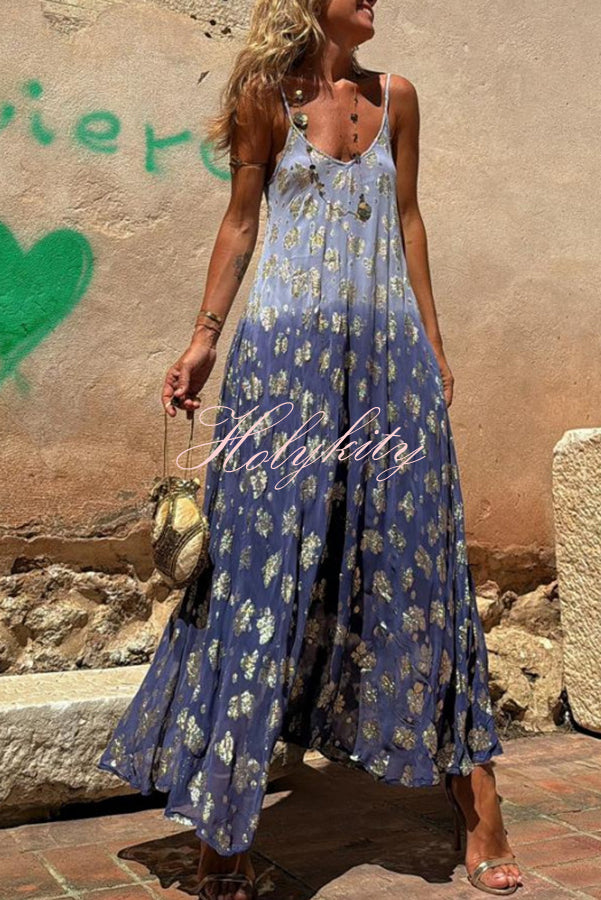 Bianca Tie Dye Gradient Flower Print Pocketed A-line Slip Maxi Dress