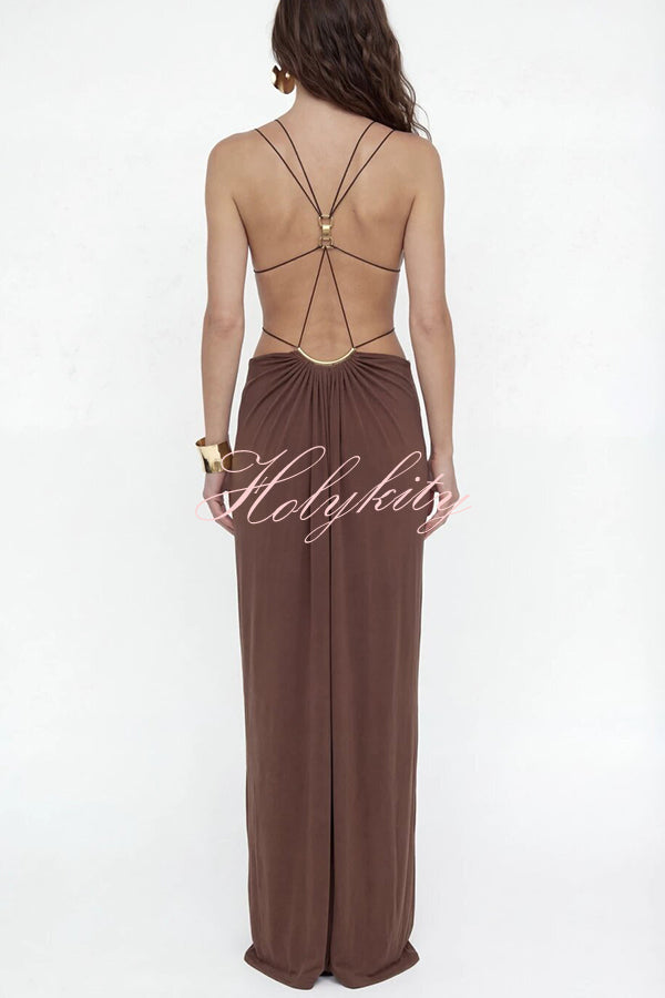 Athena Metal-Link Cutout Design Back Lace-up Drape Maxi Dress
