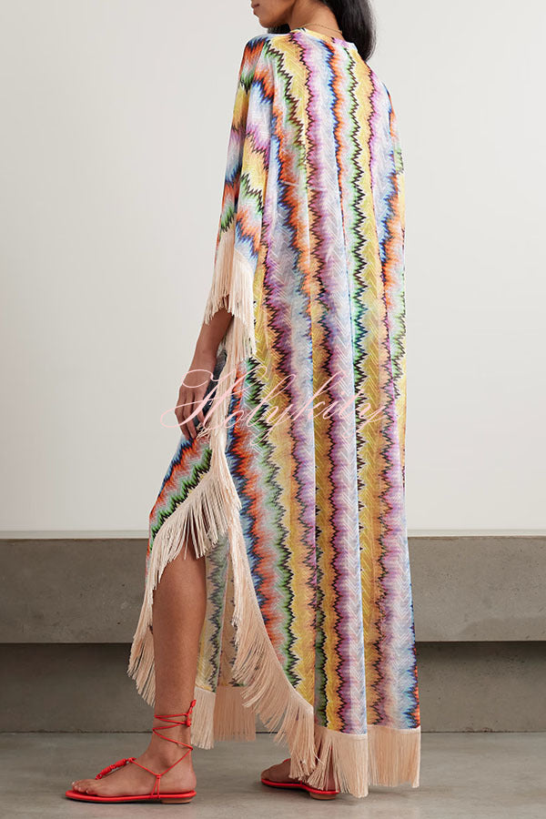 Mezcal Knit Colorful Zigzag Pattern Tassle Trim Loose Kaftan Maxi Dress