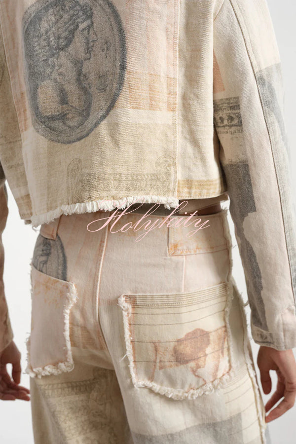 Historic Imagery Unique Print High Rise Pocketed Wide Leg Jeans