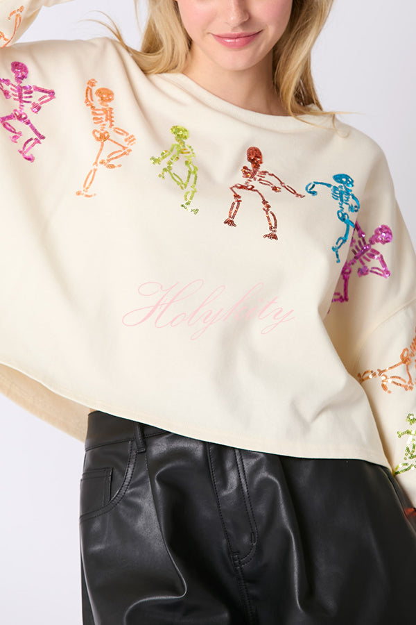 Halloween Skull Sequin Loose Crop Casual Sweatshirt