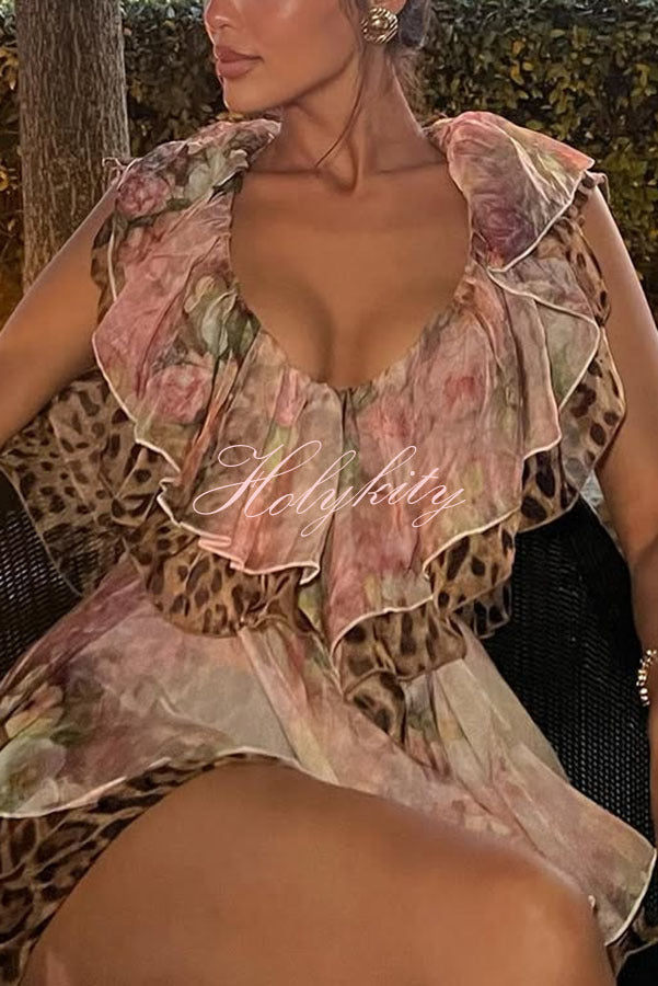 Dreamy Island Floral Leopard Print Cutout Waist Tiered Ruffles Mini Dress