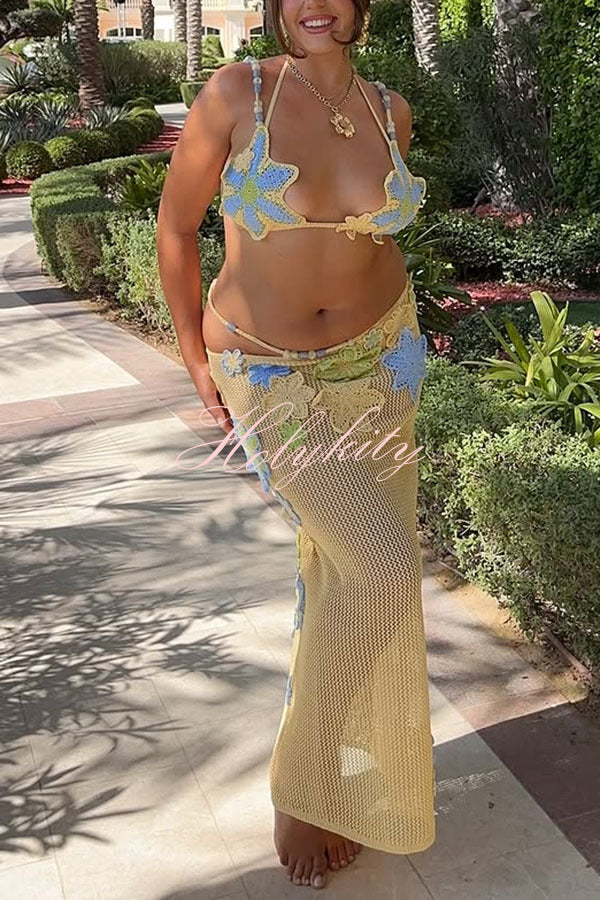 Luxe Knit Crochet Handmade Flower Beaded Waist Stretch Maxi Skirt