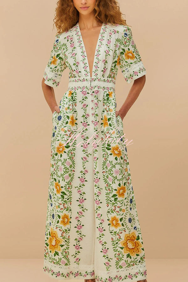 Natural Charm Linen Blend Floral  Print Short Sleeve Pocketed Wide Leg Jumpsuit