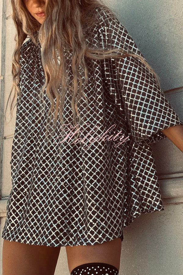 All about Glam Collar Sequin V-neck Half Sleeve Loose Top