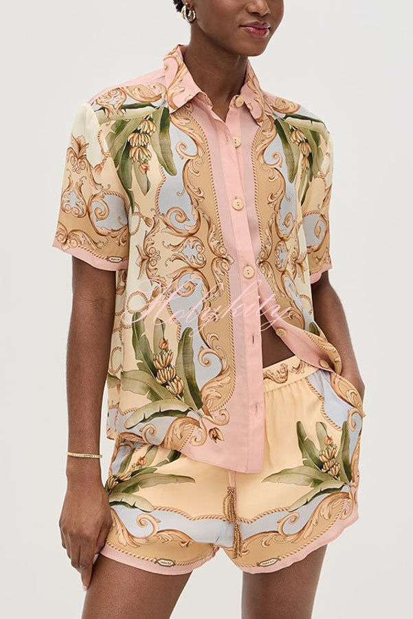 Royalty Unique Print Button Up Short Sleeve Shirt and Elastic Waist Pocketed Loose Shorts Set