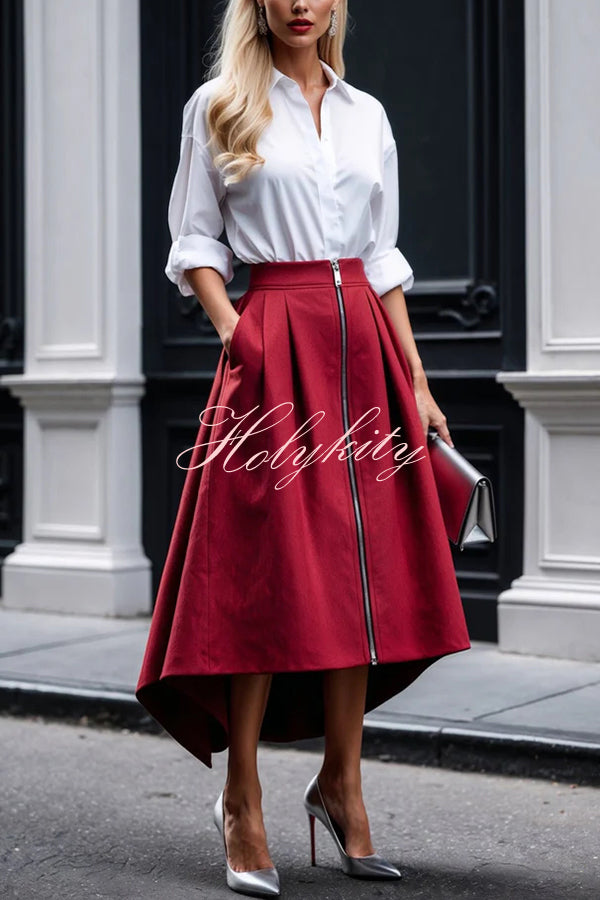 Effortless Charm Front Zipper Detail Pocketed High Low Pleated Midi Skirt