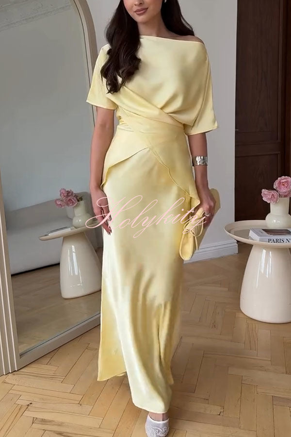 Secret of Elegance Satin Slit Back Lace-up Top and Elastic Waist Flare Maxi Skirt Set