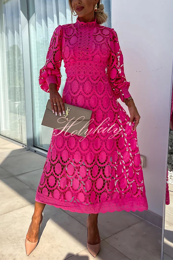 Romantic, Sensual and Elegant Crochet Lace Lantern Sleeve Party Midi Dress