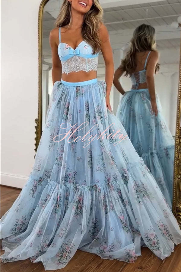 Vita Floral Satin Bow Lace Back Lace-up Crop Tank and Tulle High Rise A-line Maxi Skirt Set