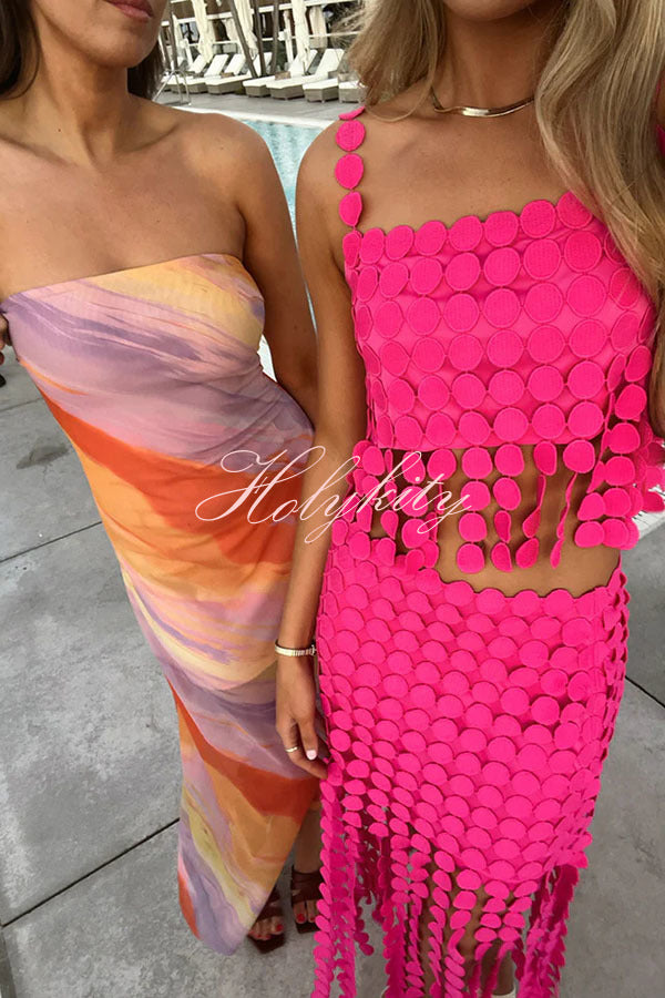 Caitlin See Through Circle Embroidery Elastic Waist Tassle Hem Maxi Skirt