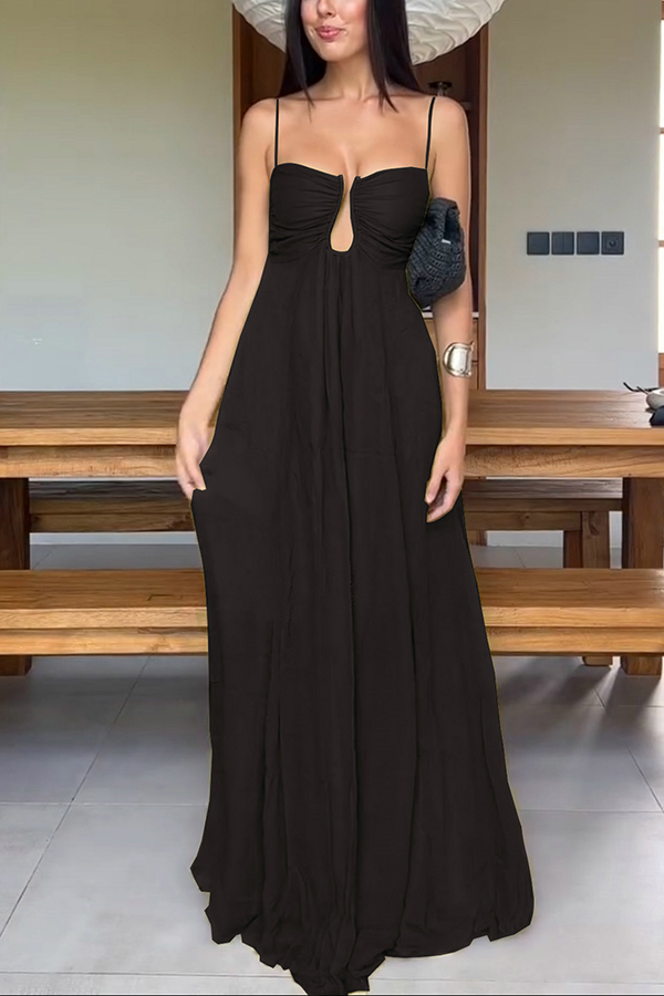Soft and Elegant Metal Hollow Design Back Smocked A-line Slip Maxi Dress