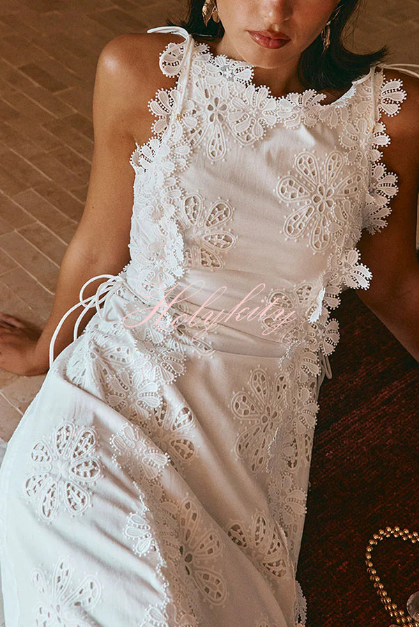 Mairi Embroidery Hollow Fabric Delicate Flower Trim Side Lace-up Maxi Dress