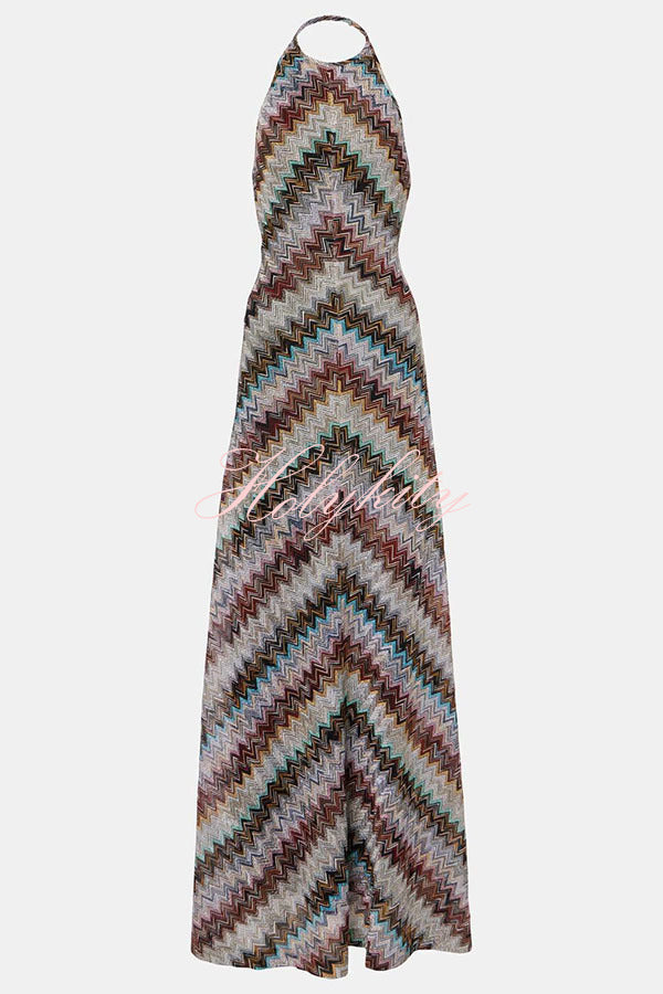 Jodie Knit Colorful Herringbone Print Halter Open Back Maxi Dress