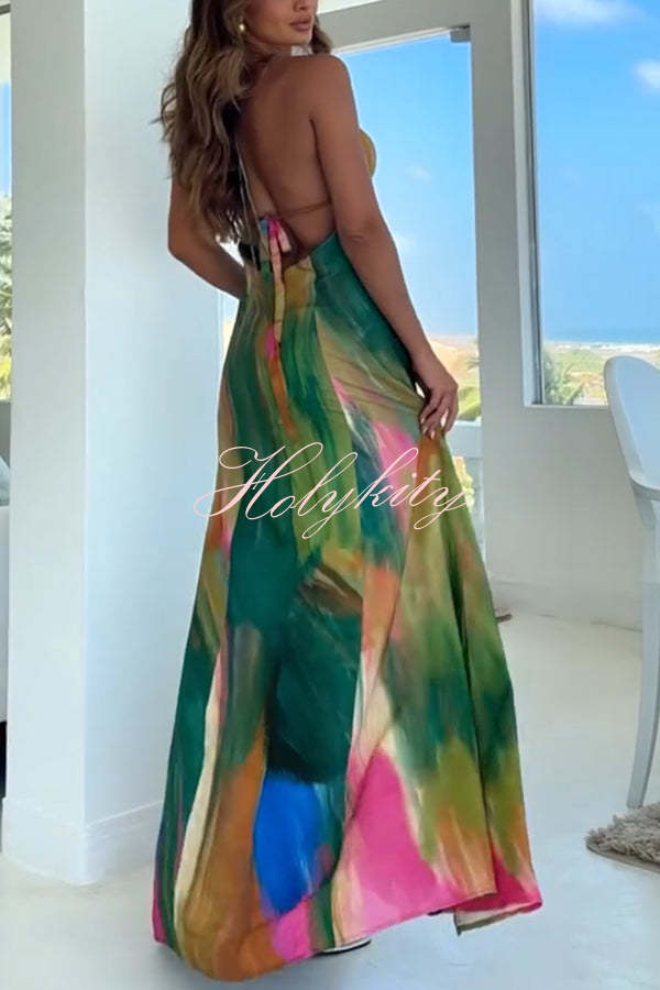 Andie Splash Ink Printed Cutout Back Tie-up Slit Vacation Maxi Dress