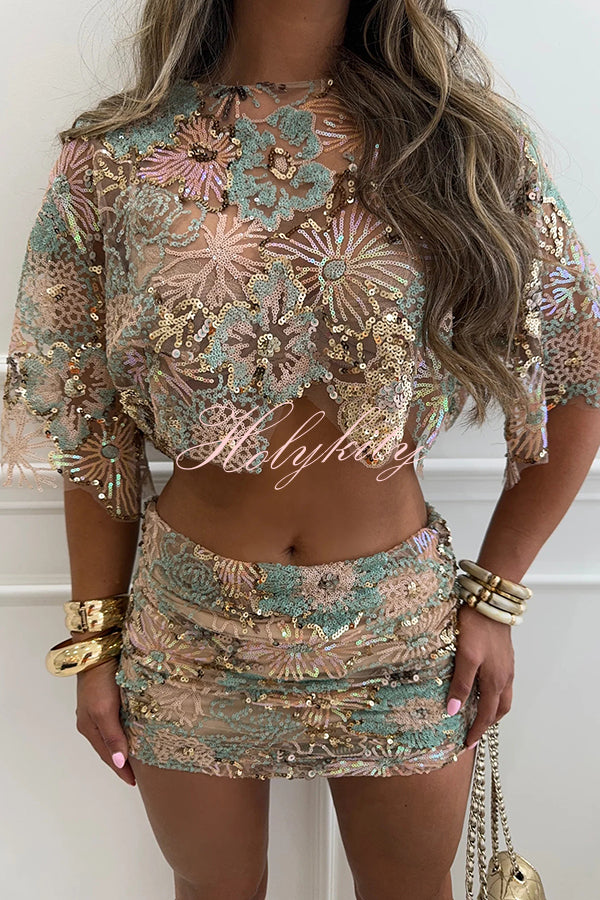 Fashionable Embroidered Flower Sequined Crop Top and Hip-hugging Mini Skirt Set