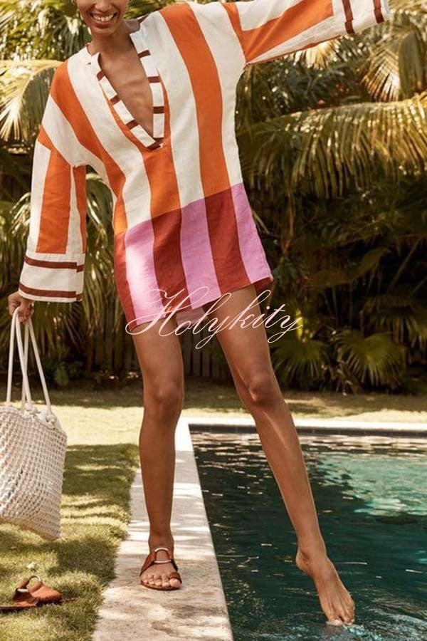 Talah Linen Blend Color Block Print V-neck Long Bell Sleeve Loose Mini Dress