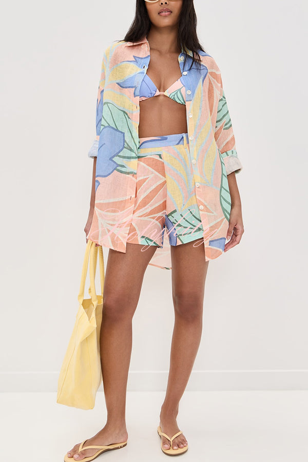 Bella Linen Blend Colorful Unique Print Long Sleeve Blouse and Elastic Waist Pocket Loose Shorts Set
