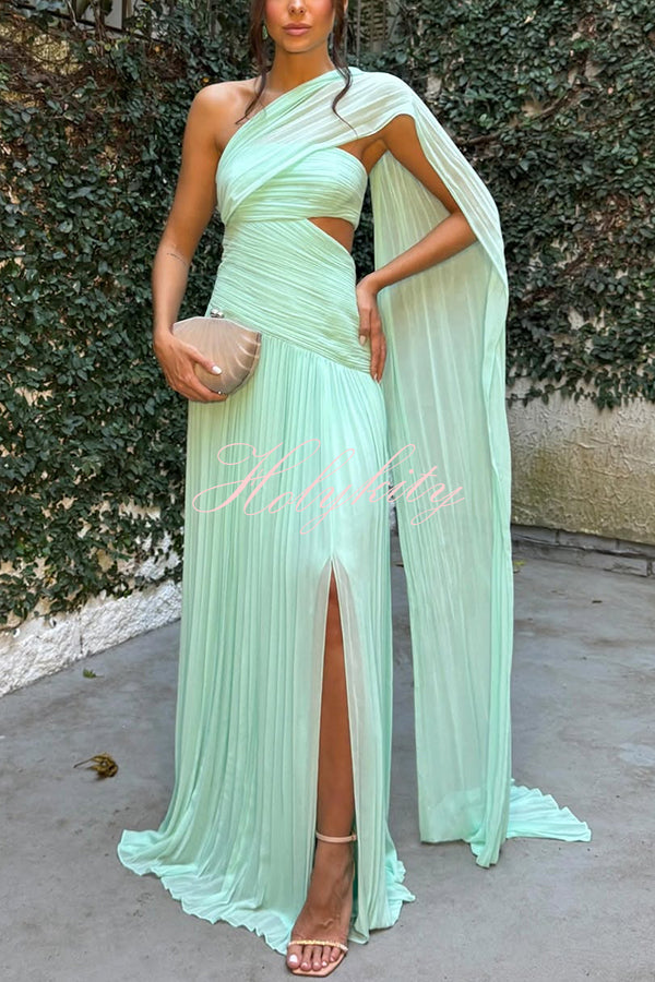 Forest Muse Chiffon Pleated Off Shoulder Cutout Waist Cape Maxi Dress