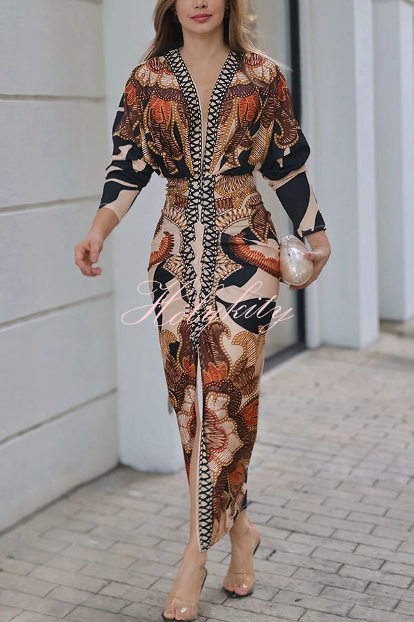 Verra Unique Print Dolman Long Sleeve Ruched Slit Midi Dress