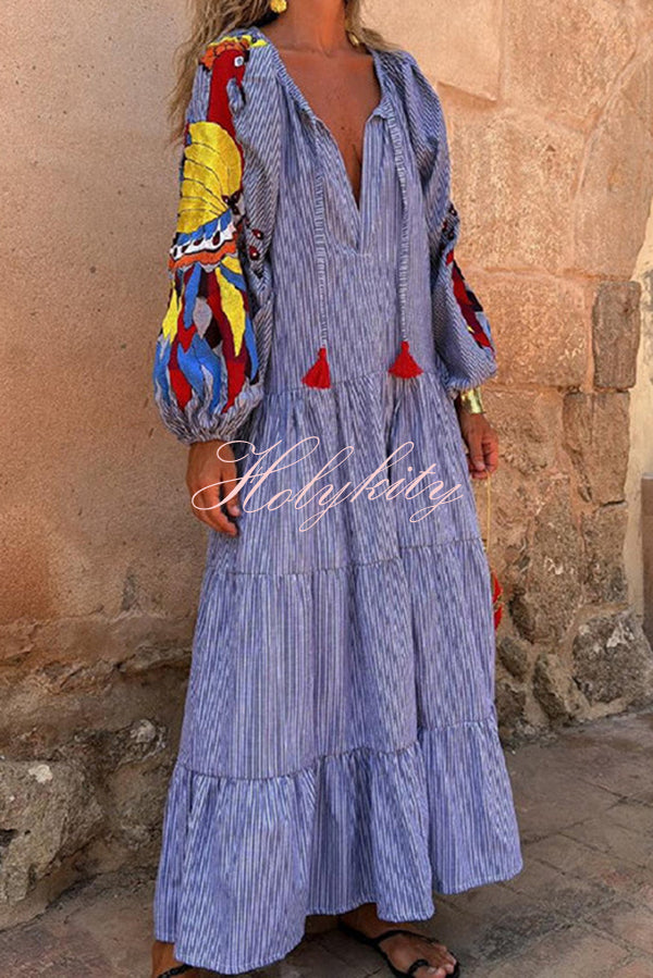 Unique Printed V-neck Lace-up Balloon Sleeves Loose Maxi Dress