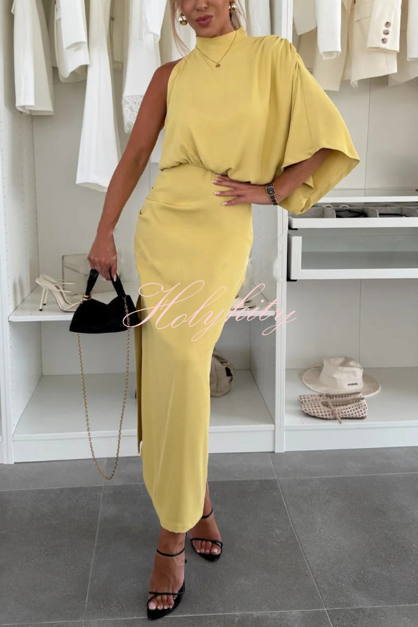 Raise A Toast Cold Shoulder Ruched Pencil Midi Dress