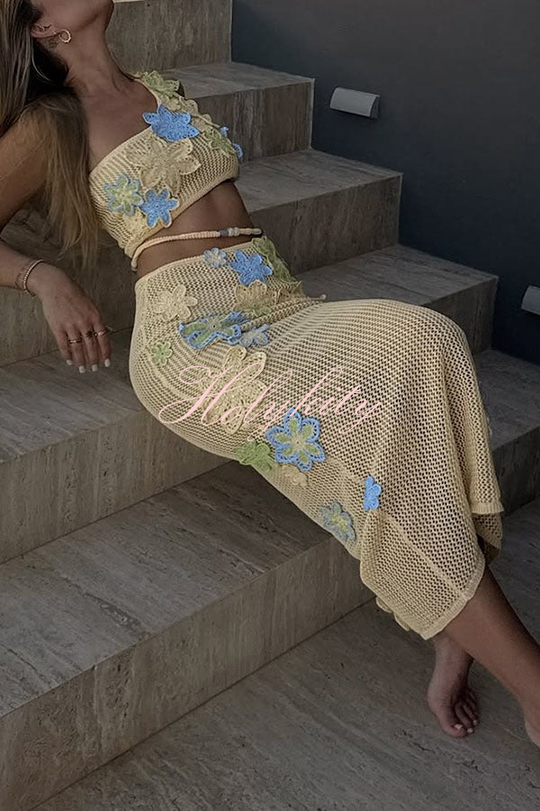 Luxe Knit Crochet Handmade Flower Beaded Waist Stretch Maxi Skirt