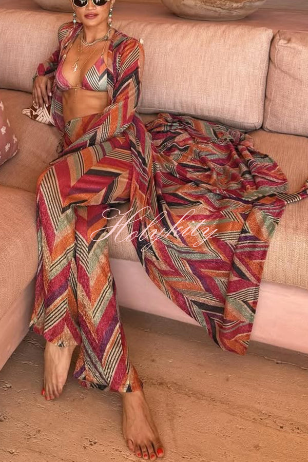 Gypsy Girl Triangle Pattern Tie-up Long Sleeve Midi Cover-up Robe