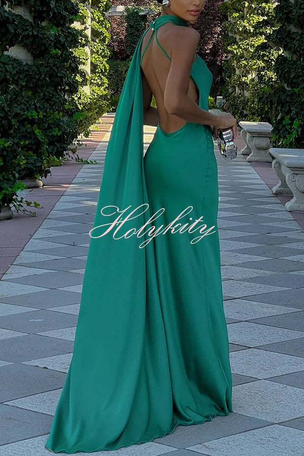 Crush on You Satin One Shoulder Backless Cape Maxi Dress