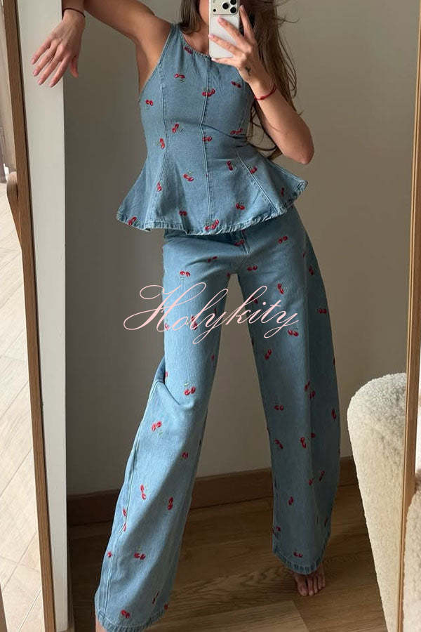 Sweet Casual Denim Cherry Print Princess Seams Flare Vest Top