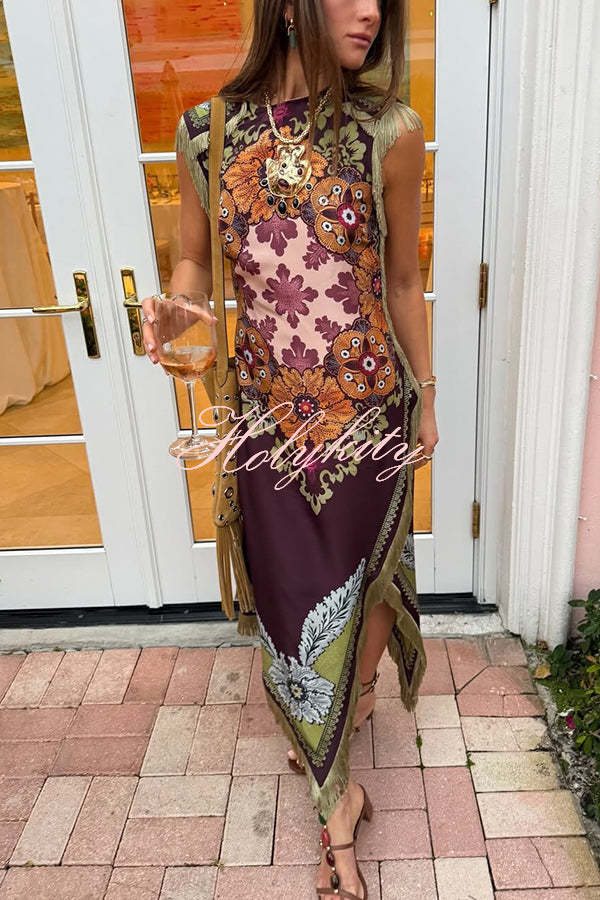 Bohemian Style Floral Print Tassel Trim Irregular Hem Slit Scarf Midi Dress