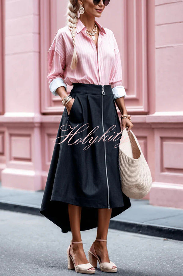 Effortless Charm Front Zipper Detail Pocketed High Low Pleated Midi Skirt