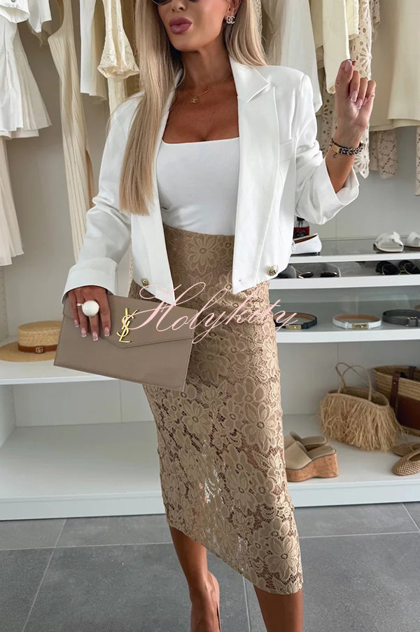 Lesia Floral Lace High Rise Slit Stretch Midi Skirt