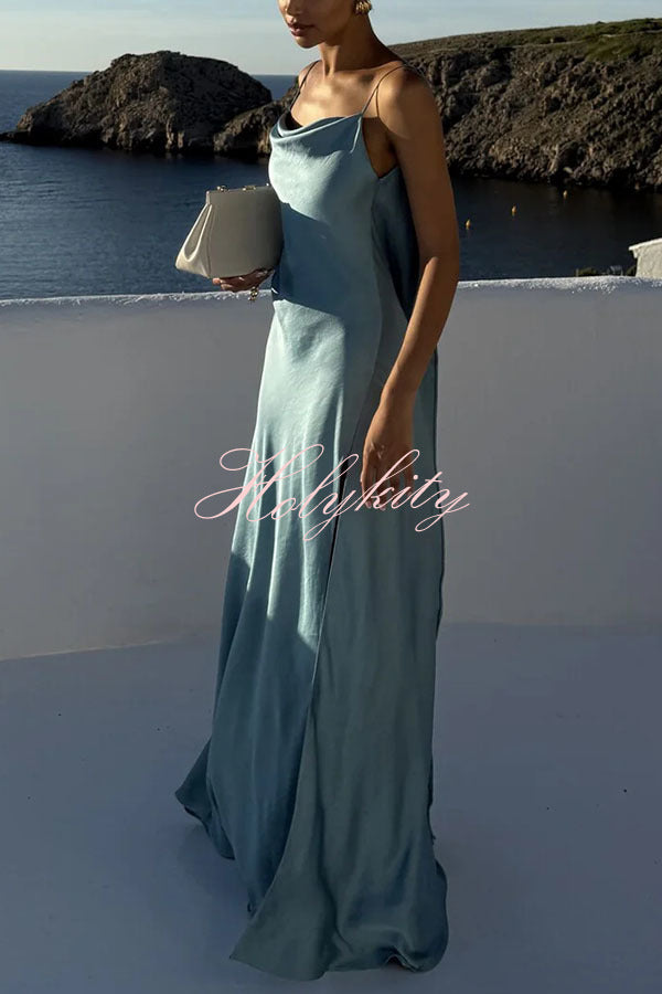 Flowing Elegance Satin Draped Neck Backless Ruffle Slit Maxi Dress