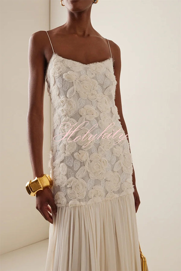 Indulge in Floral Applique Pleated Chiffon Hem Slip Maxi Dress