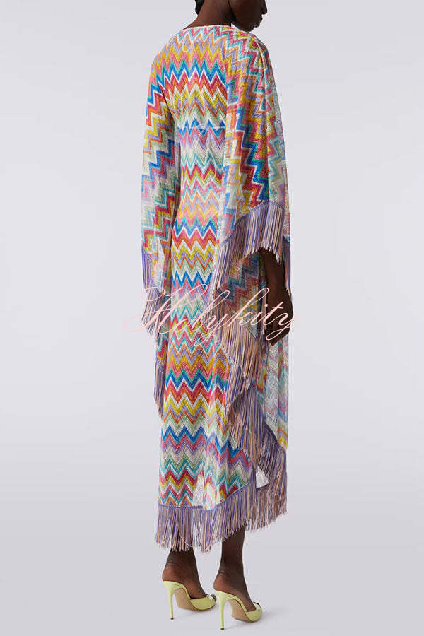 Casie Knit Colorful Zigzag Pattern Fringe Trim Cover-up Vacation Maxi Dress