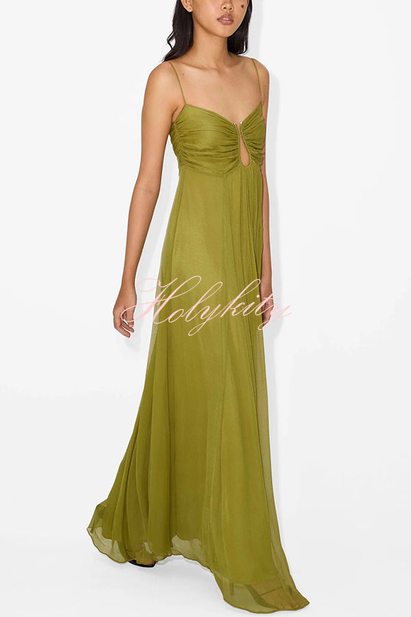 Soft and Elegant Metal Hollow Design Back Smocked A-line Slip Maxi Dress