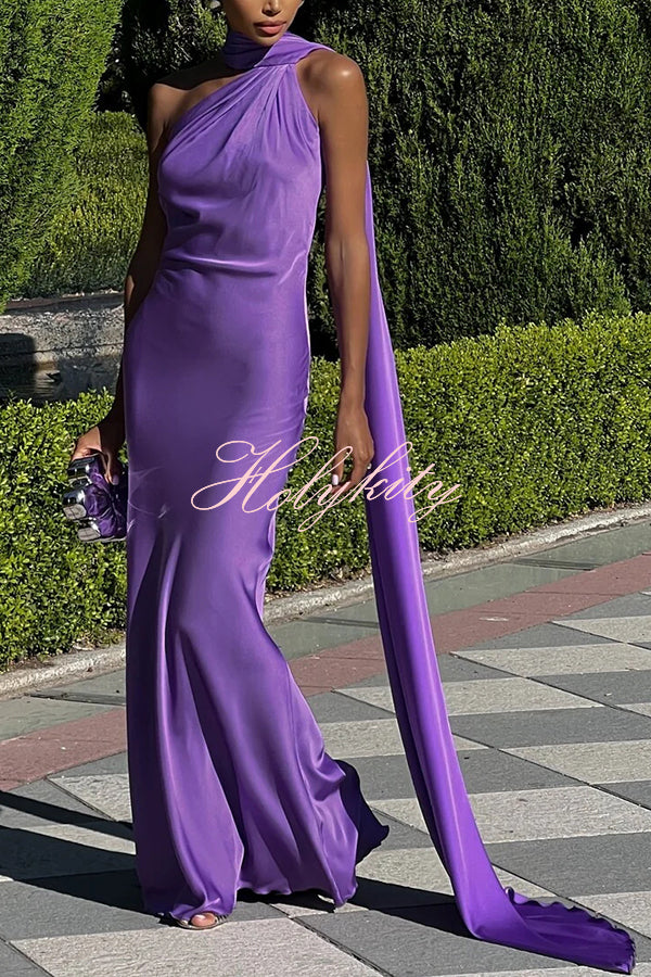Crush on You Satin One Shoulder Backless Cape Maxi Dress