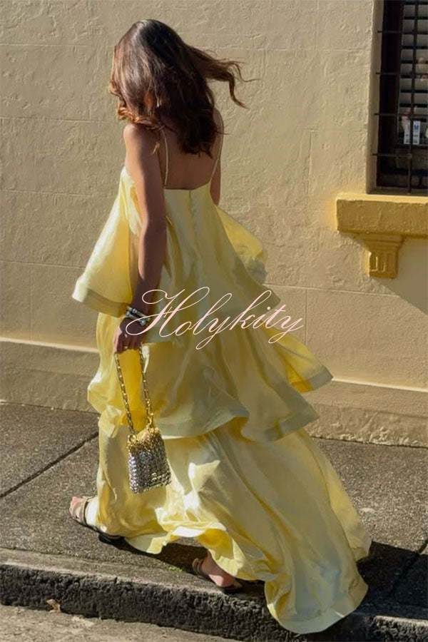 Soft and Smooth Satin Tiered Slip Square Neck A-line Maxi Dress