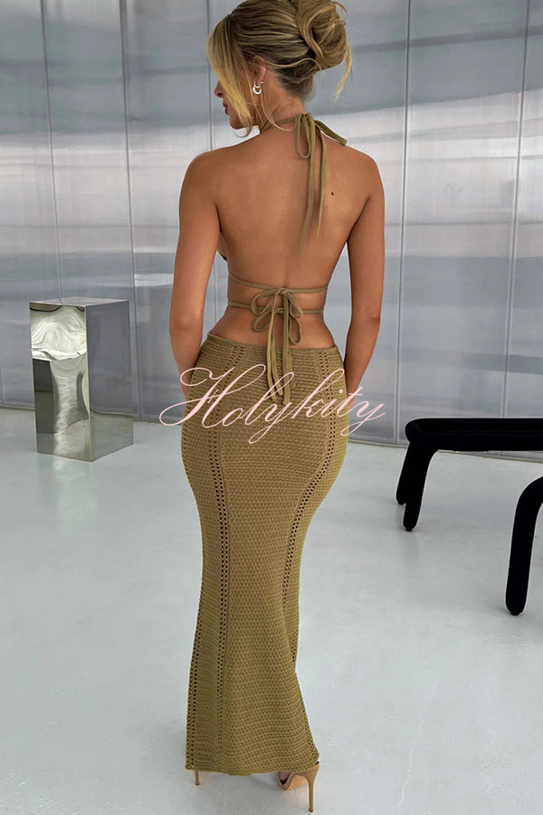 Effortlessly Cool and Sexy Knit Crochet Cutout Halter Tie-up Stretch Maxi Dress