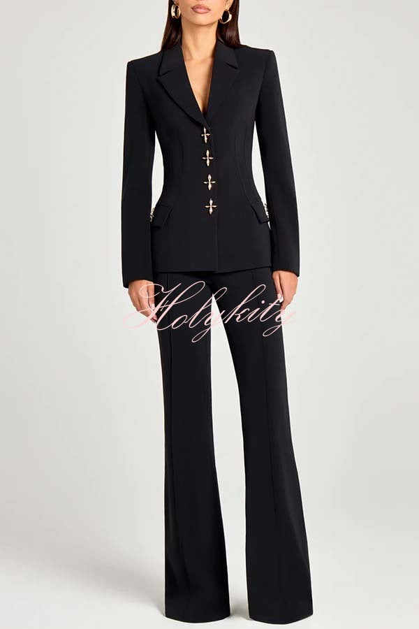 Women Power Metal Cross Snap Button Long Sleeve Lapel Blazer