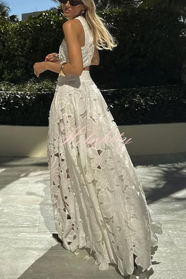 Next Trip Floral Embroidery Crochet Lace Elastic Waist Pocket Maxi Skirt