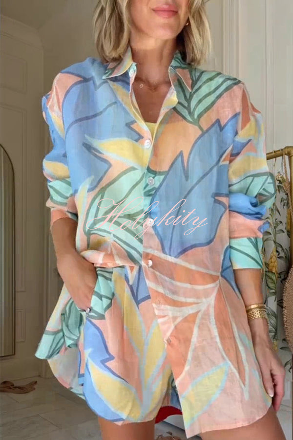 Bella Linen Blend Colorful Unique Print Long Sleeve Blouse and Elastic Waist Pocket Loose Shorts Set