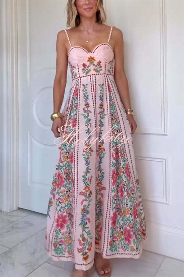 Linen Blend Delicate Forest Unique Print Sweetheart Neck Beaded Straps Maxi Dress