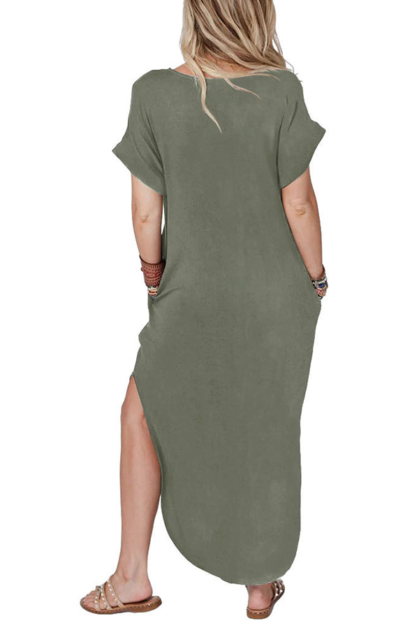 Independence Day Printed Casual Short Sleeve Pocket Loose Midi Dress