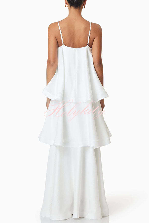 Soft and Smooth Satin Tiered Slip Square Neck A-line Maxi Dress